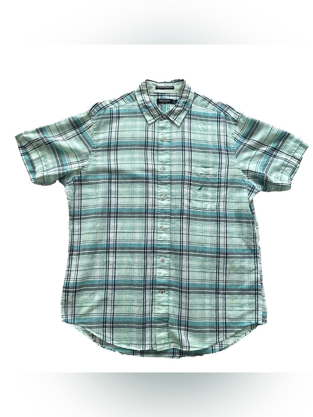 Nautica Men’s Large Aqua and Navy Plaid Short-Sleeve Button-Down Shirt NWOT